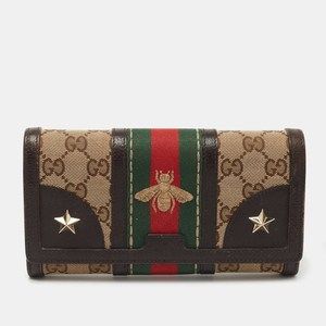 GUCCI Brown/Beige Canvas and Leather Bee Web Continental Wallet